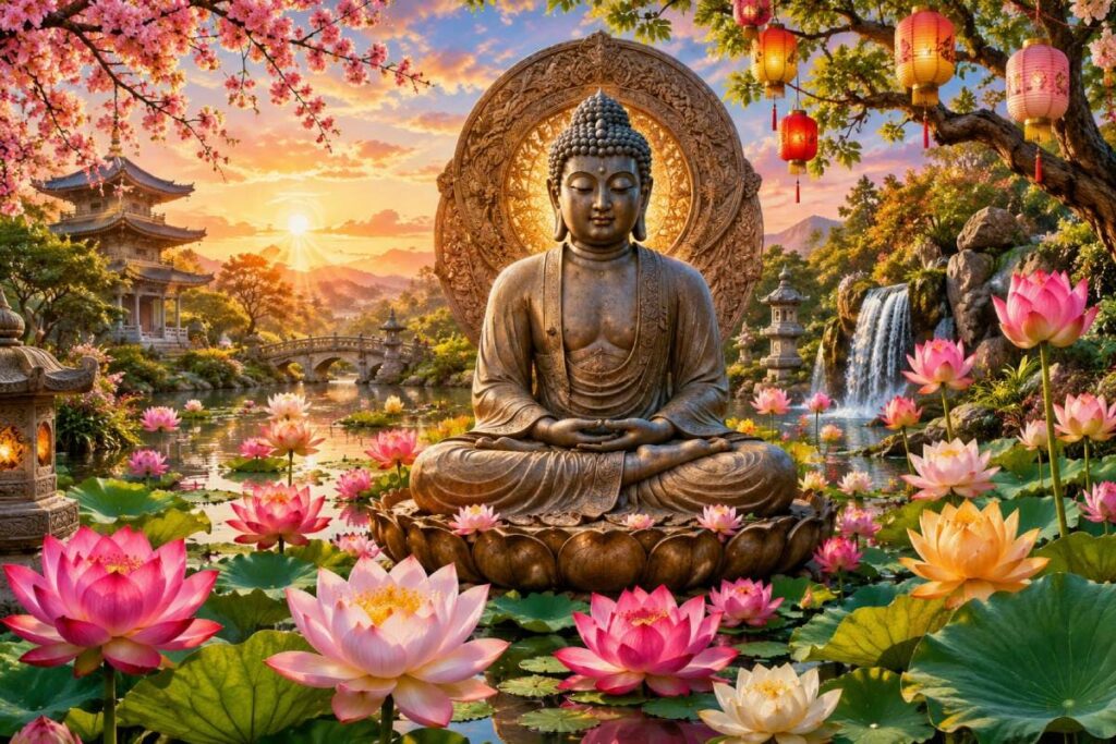 Serene Buddha in lotus garden at sunset