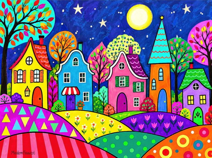 Colorful Village under Full Moon
