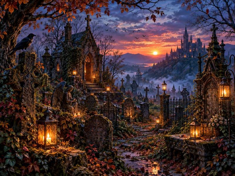 Ancient Graveyard at Twilight with Glowing Lanterns