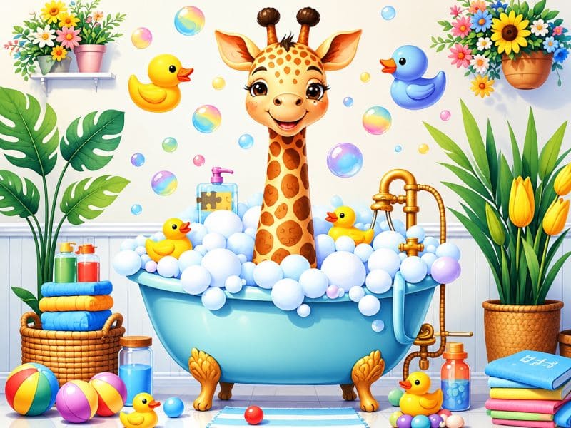 Cute Baby Giraffe Having a Bubble Bath