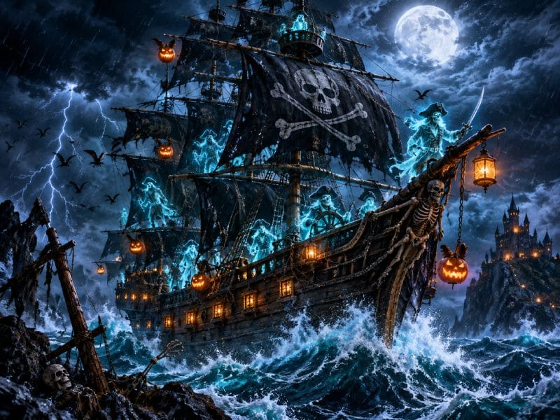 Ghost Pirate Ship Sailing in a Stormy Sea