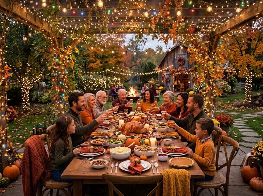 Outdoor Thanksgiving Feast under Fairy Lights