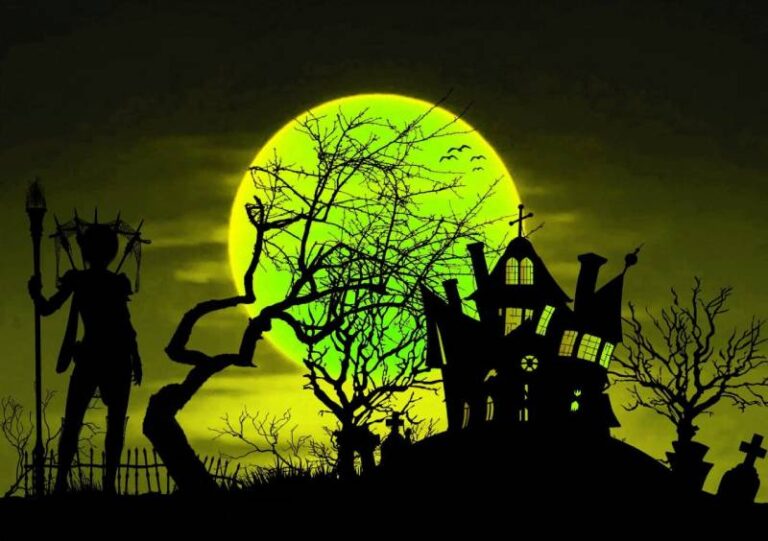 Spooky Haunted House Under Green Full Moon