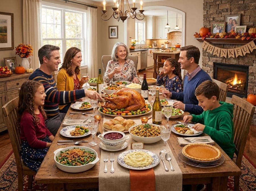 Traditional Family Thanksgiving Dinner with Roasted Turkey