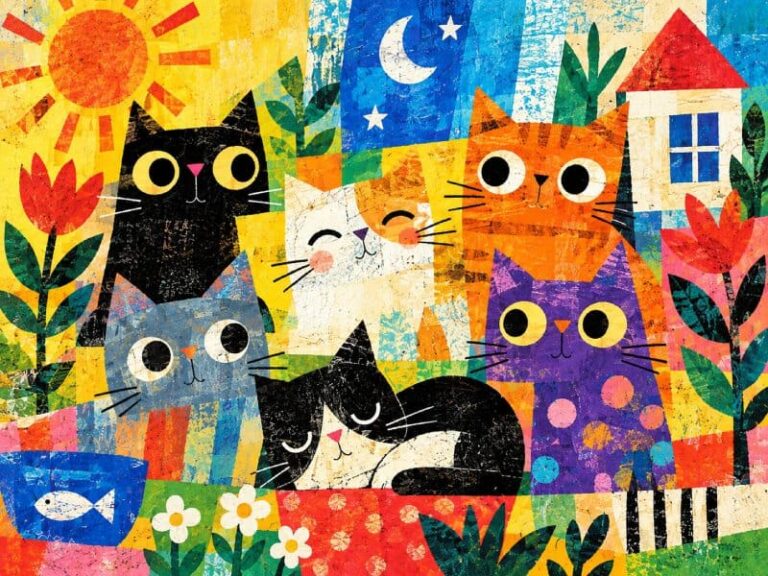 Whimsical Colorful Cats Collage