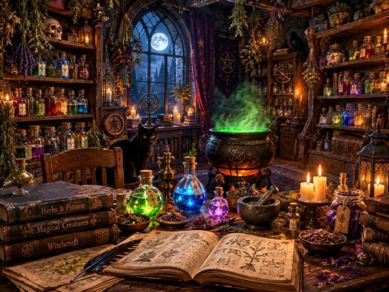 Witch’s Apothecary Room with Glowing Potions